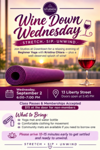 Wine Down Wednesday flyer with yoga and wine